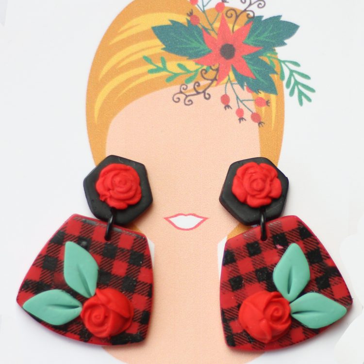 Red and Black Buffalo Plaid with Holly and Berries Earrings – Christmas Earrings – Holiday Clay Earrings