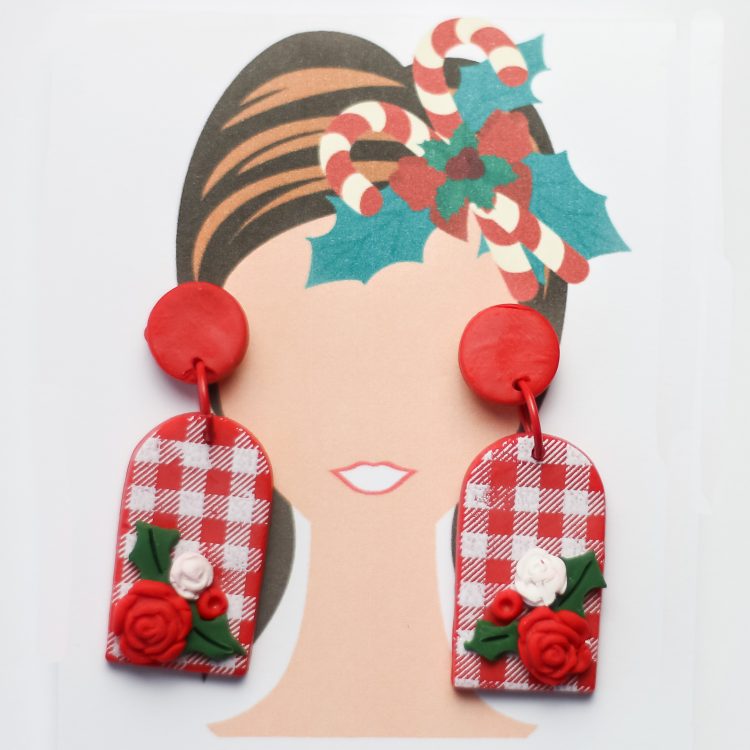 Red and White Check with Flowers Clay Earrings – Winter Earrings – Christmas Clay Earrings – Christmas Stud Set